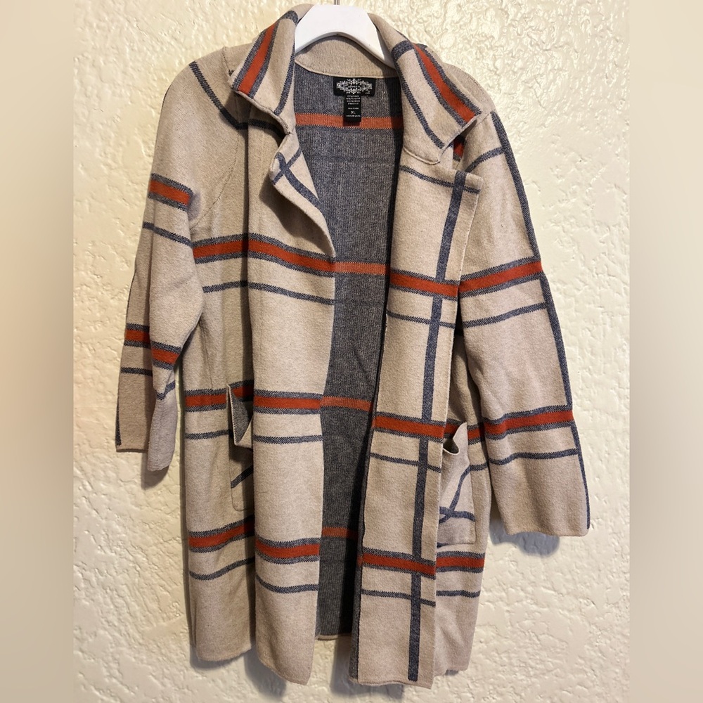 Oliver O women’s tan navy orange open‎ front wool blend cardigan jacket size XL